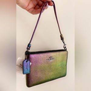 Coach Hologram Iridescent Oil Slick Leather Zip Wristlet 💜💙💚